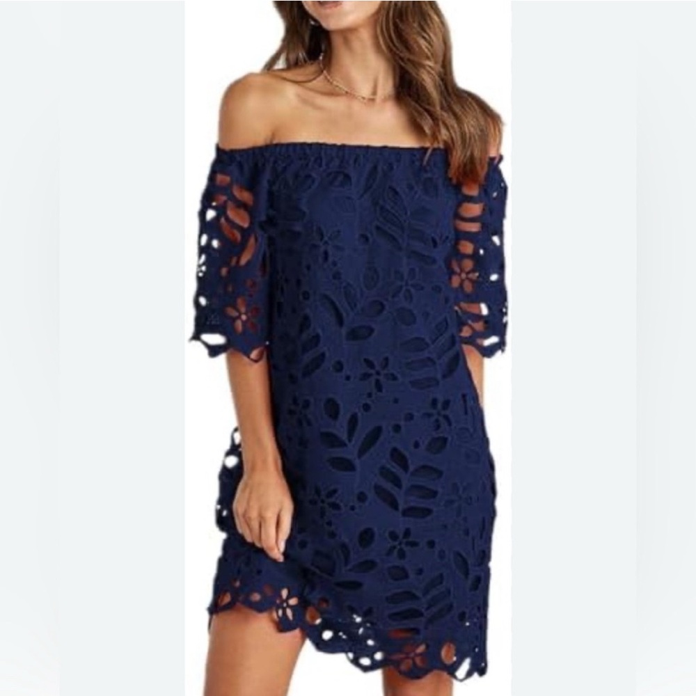 Elegant Navy Blue Eyelet Mini Dress - Picture 2 of 8